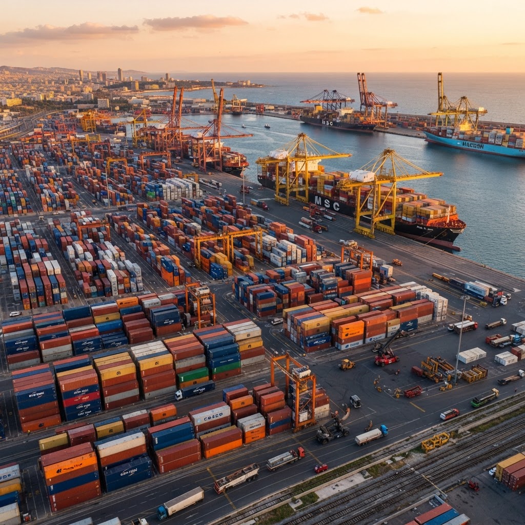 Conteneurs d'expédition dans un port de commerce international