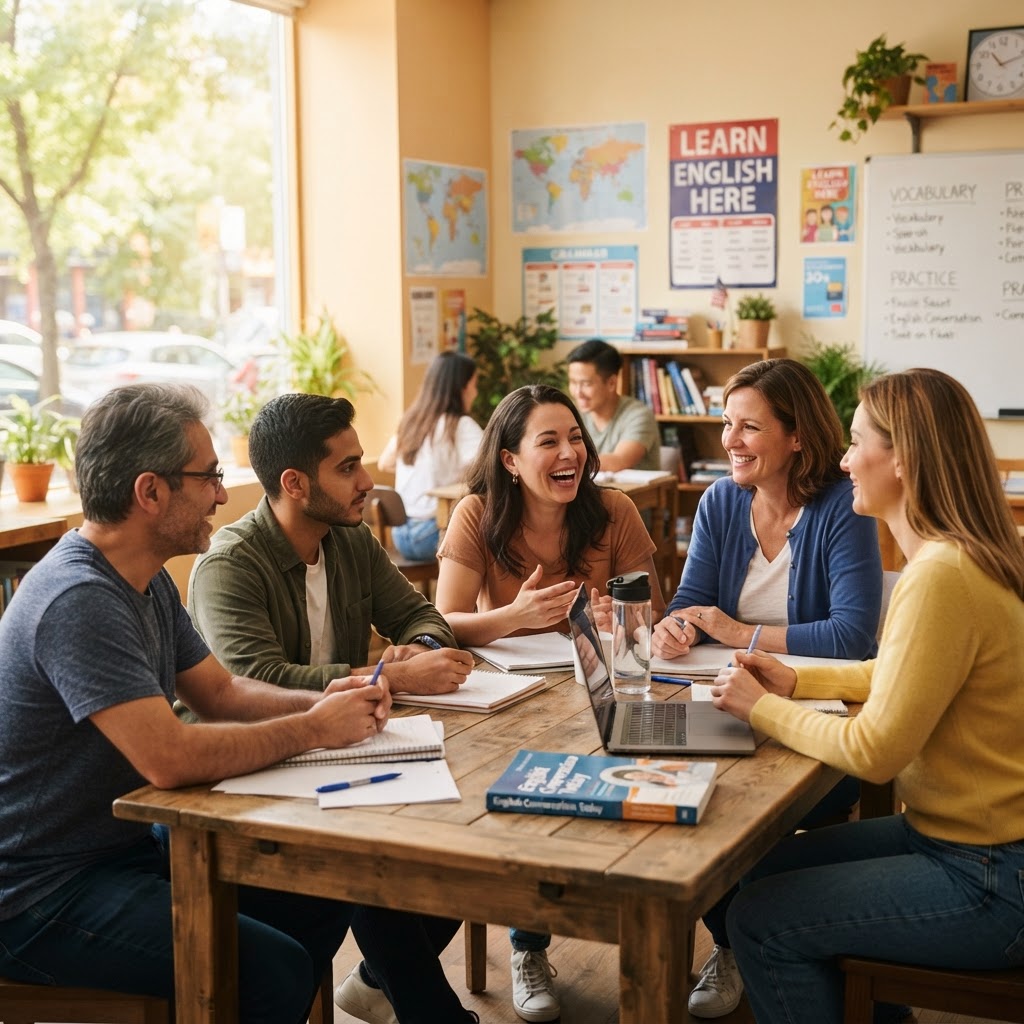Apprenants en cours d'anglais lors d'une pratique de la langue en groupe
