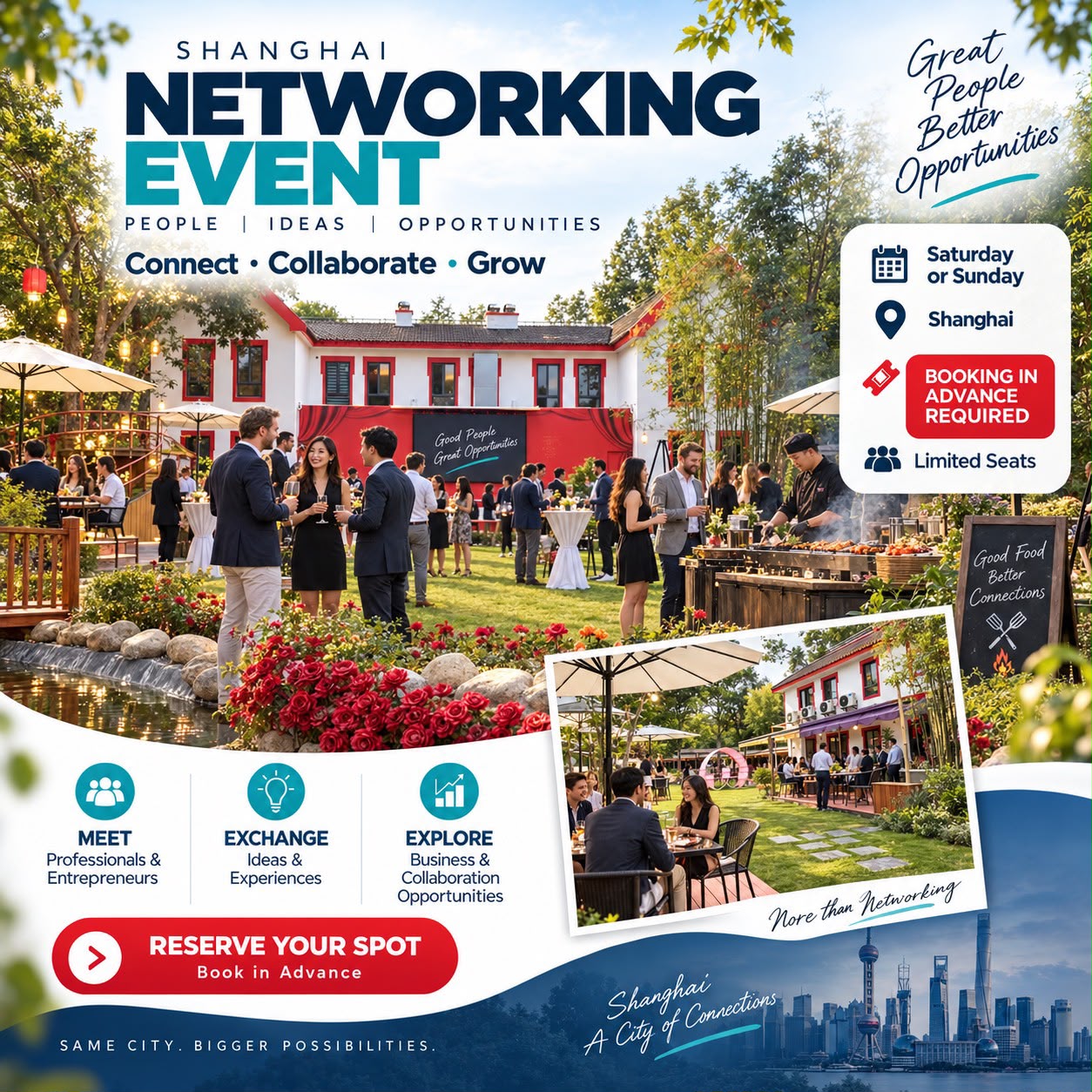 Shanghai Networking Event — professionals and entrepreneurs mingling in an outdoor garden setting