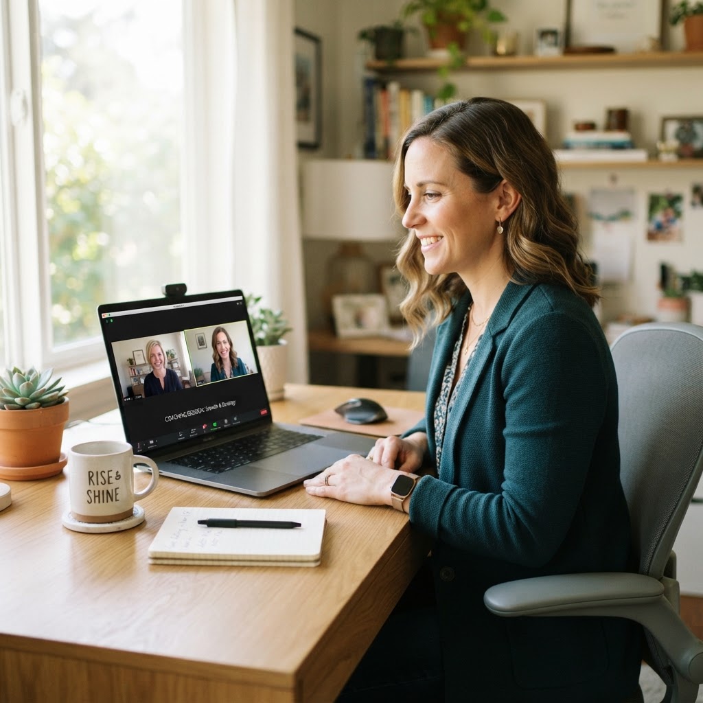 Person at a desk on a video conferencing call with their coach