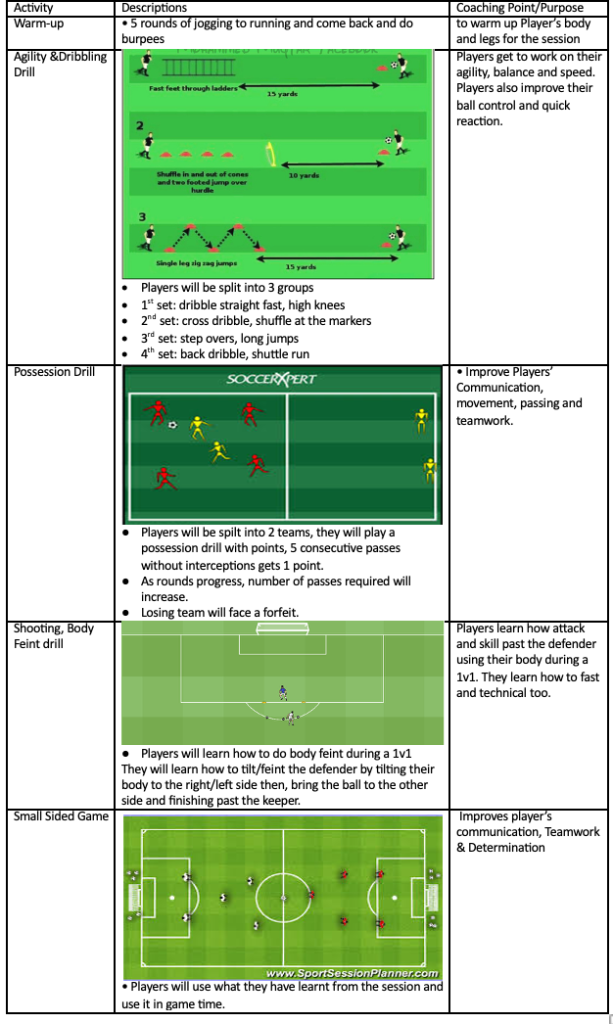 Agility & Dribbling, Possession, Shooting Body Feint and Small Sided Game