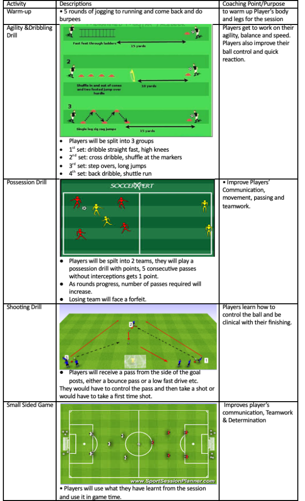 Agility, Dribbling, Possession, Shooting and Small Sided Game drills