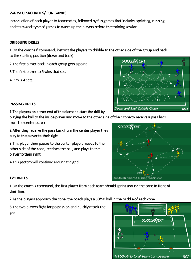 Dribbling Drills, Passing Drills, and 1v1 Drills