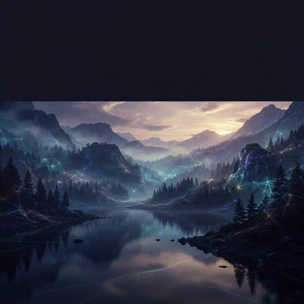 Misty mountain valley at dusk with subtle neural-network light threads — nature meets AI