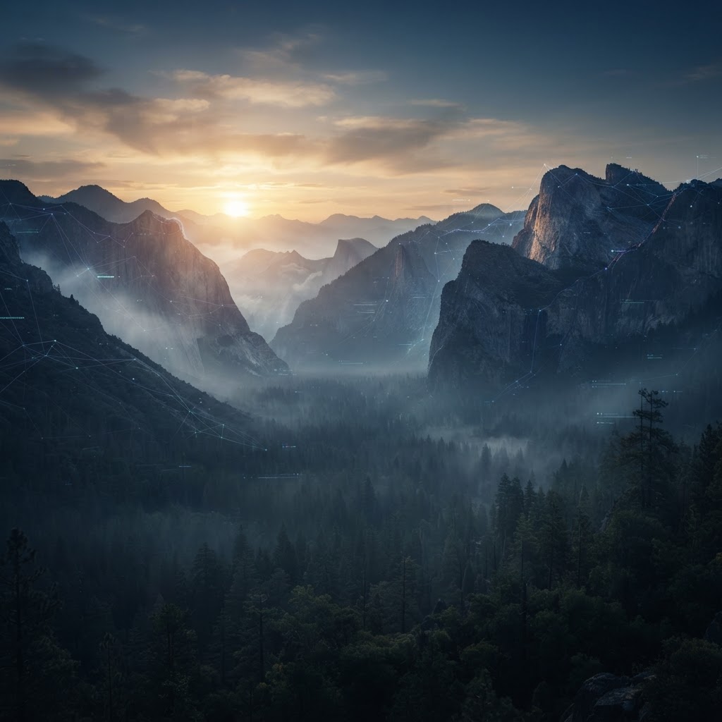 Misty mountain landscape at sunrise overlaid with a subtle neural-network of light — nature meets AI
