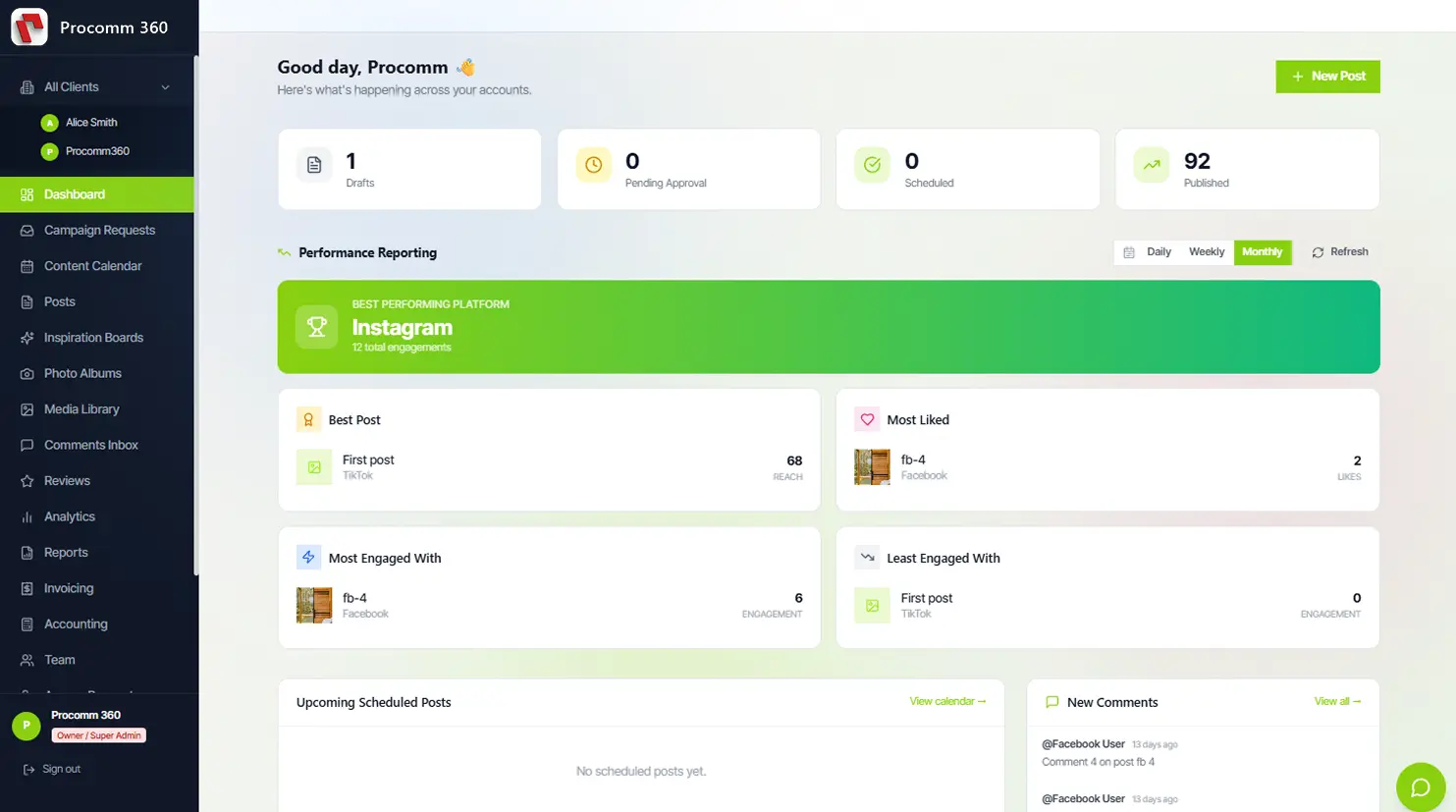 Marketing portal with social performance reporting