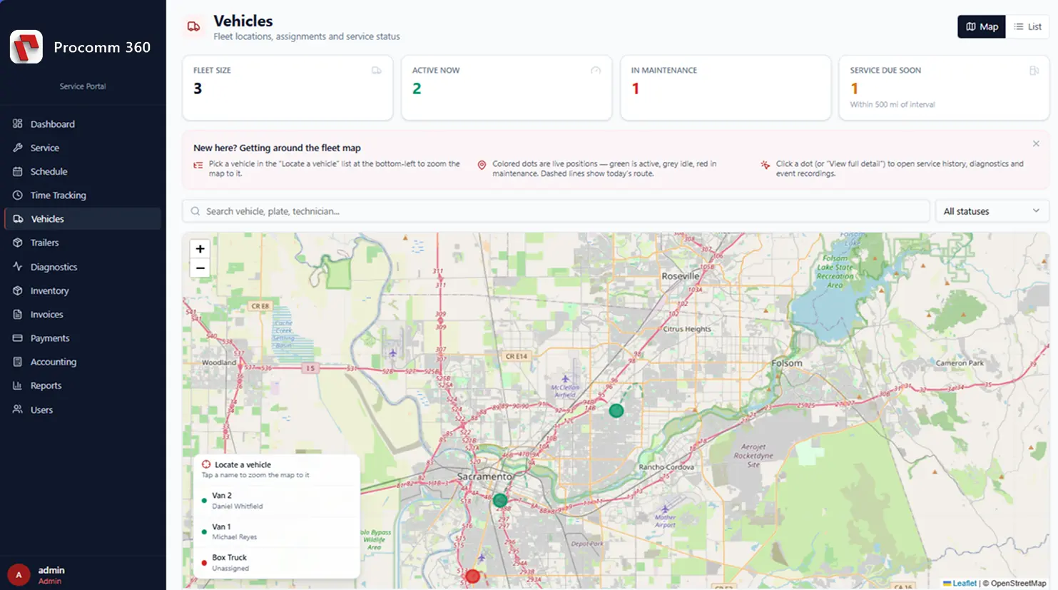 Fleet service portal with live vehicle map