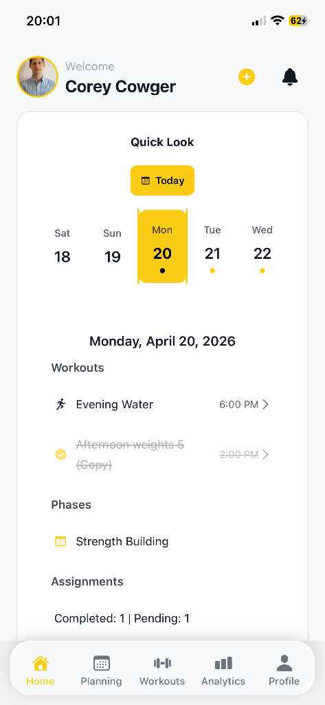 Stryv mobile — athlete home screen quick look