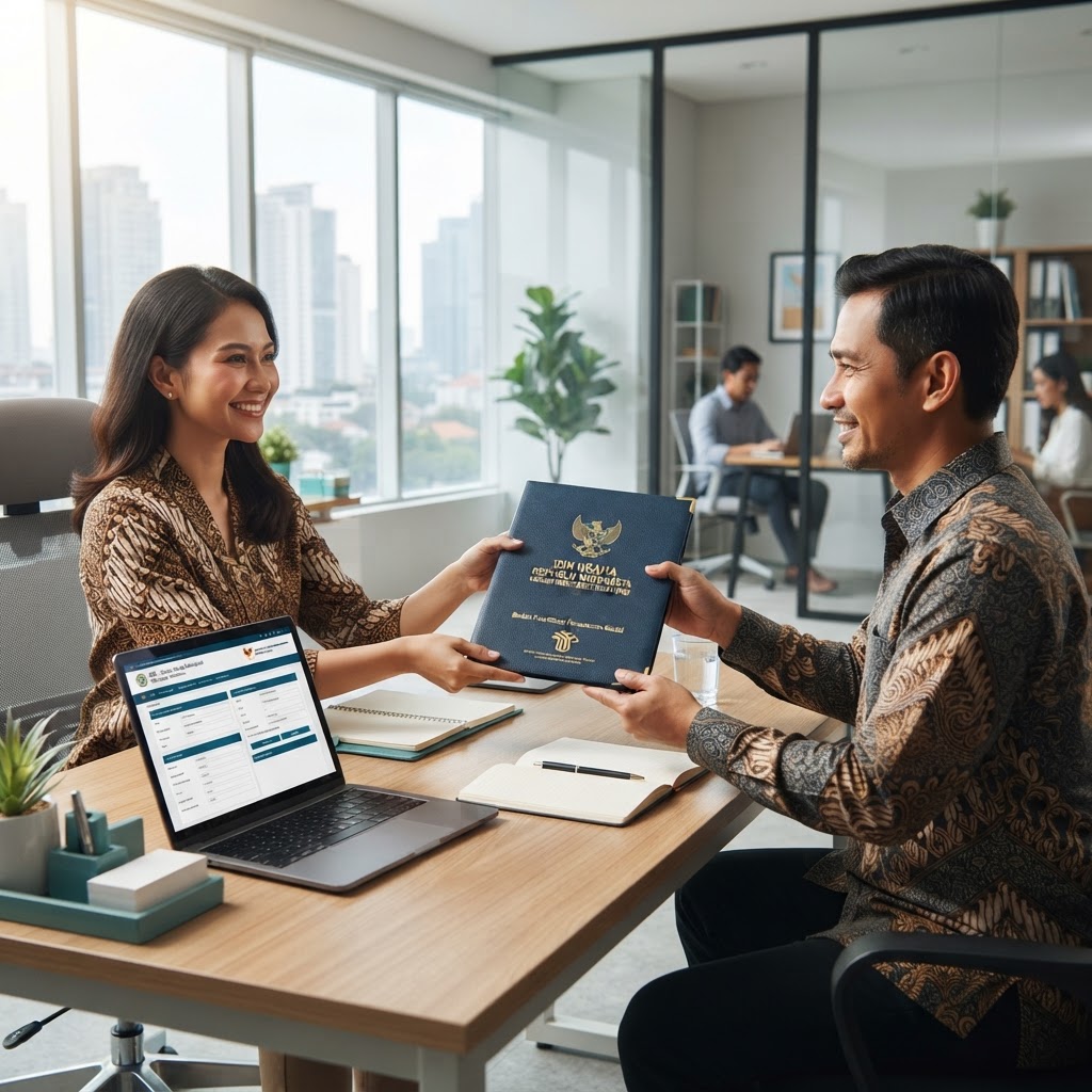 Konsultan menyerahkan dokumen perizinan usaha kepada pemilik perusahaan di kantor modern.