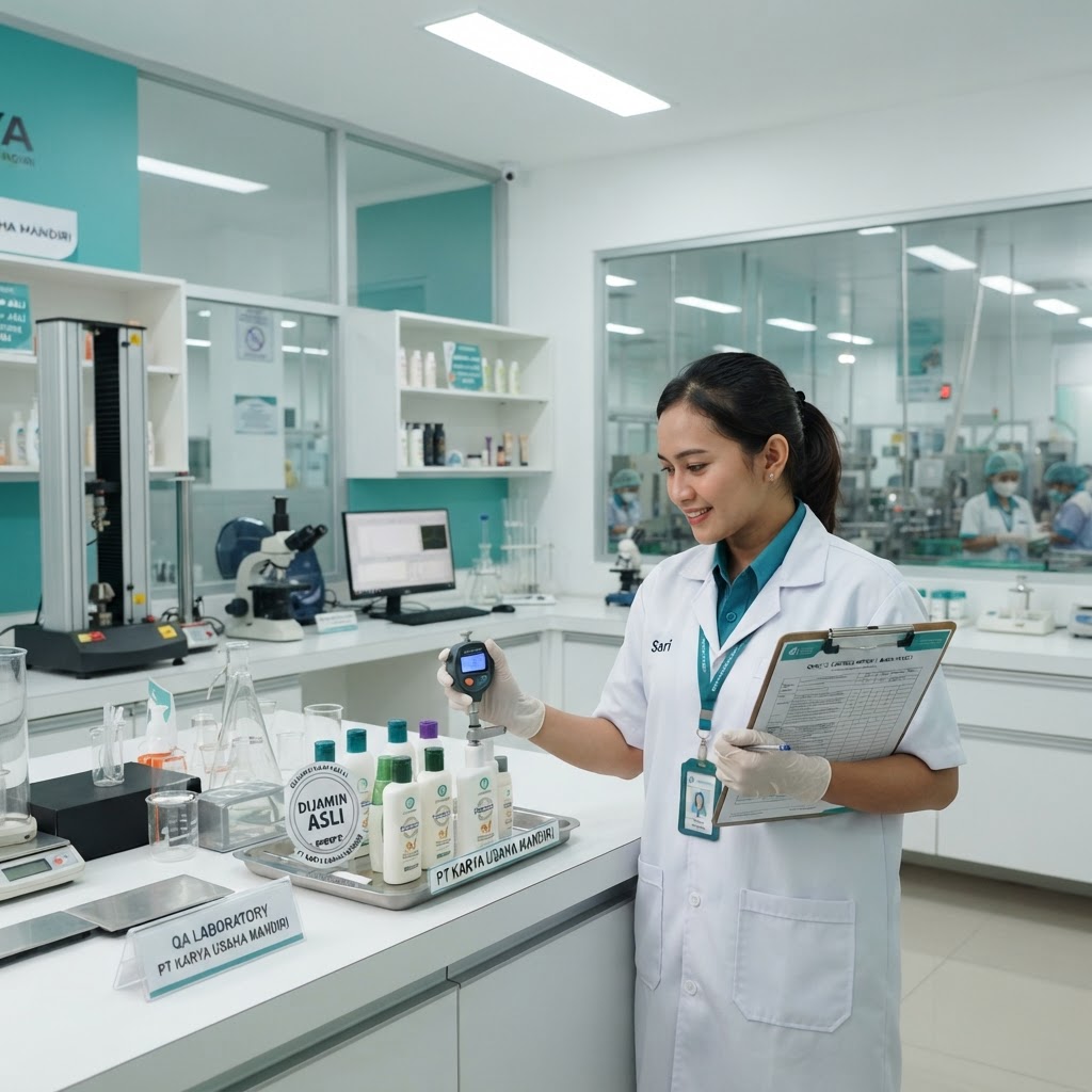 Insinyur menguji kualitas produk konsumen di laboratorium pabrik untuk sertifikasi SNI.