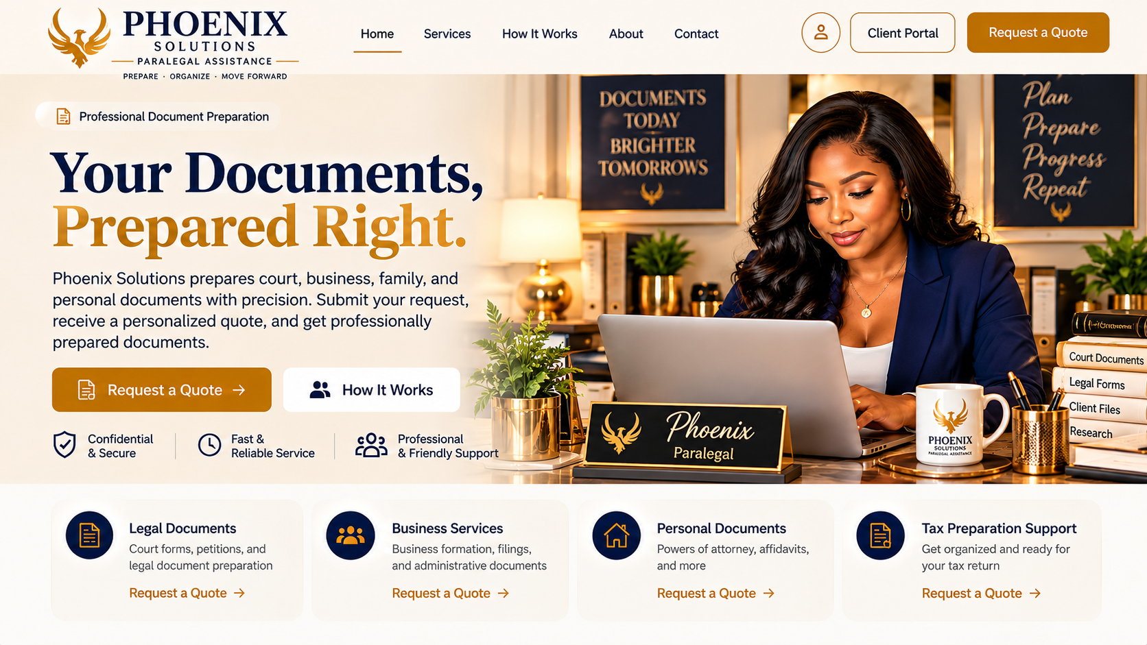 Phoenix Solutions' original gold-and-navy artwork featuring a Black woman in a navy blazer working at her laptop in a warmly lit office.