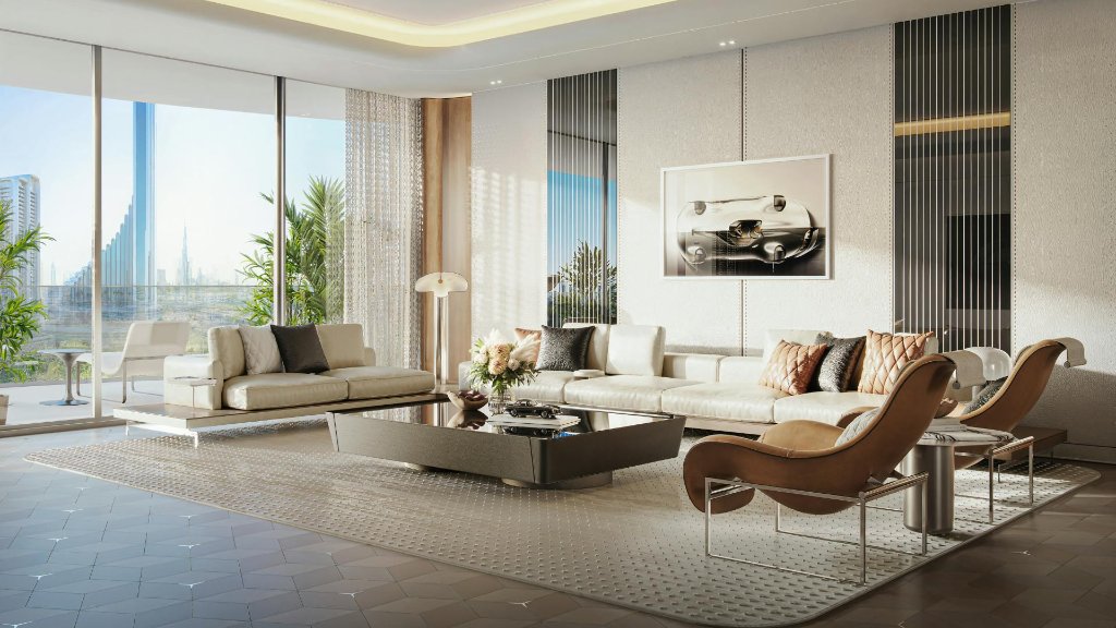Living room with Burj Khalifa view, Mercedes-Benz Places residence Dubai