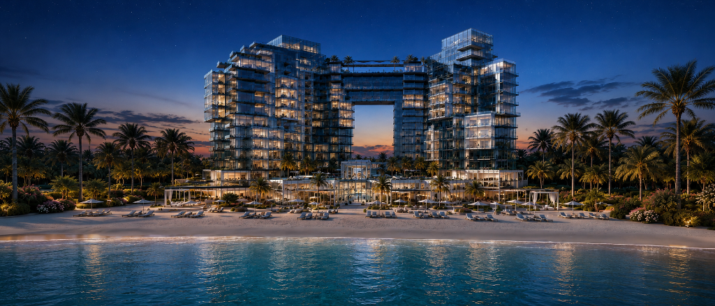 ICE BEACH by Major — luxury beachfront residences on Marjan Beach, Al Marjan Island at dusk