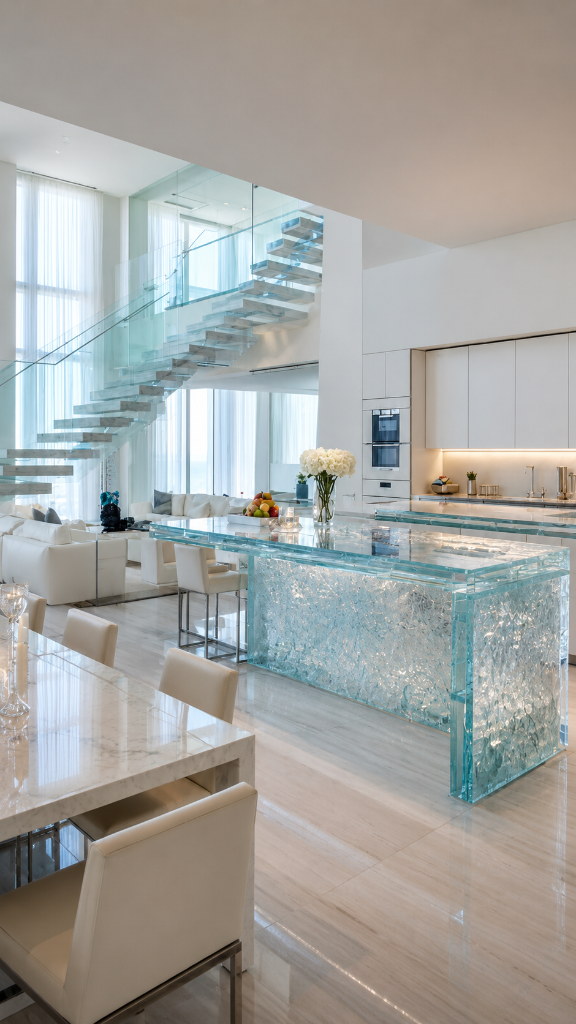ICE BEACH penthouse interior — crystal-glass kitchen island and floating glass staircase, Marjan Beach ICE BEACH penthouse interior — crystal-glass kitchen island and floating glass staircase, Marjan Beach