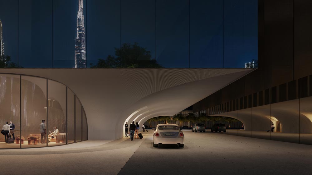 Inaura gallery-style arrival experience at podium level