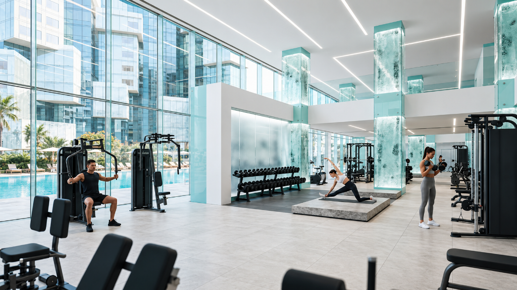 ICE BEACH state-of-the-art fitness studio with ice-glass columns and sea views ICE BEACH state-of-the-art fitness studio with ice-glass columns and sea views