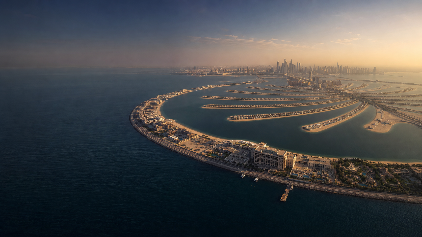 Aerial view of Palm Jumeirah Dubai at sunset — luxury real estate investment