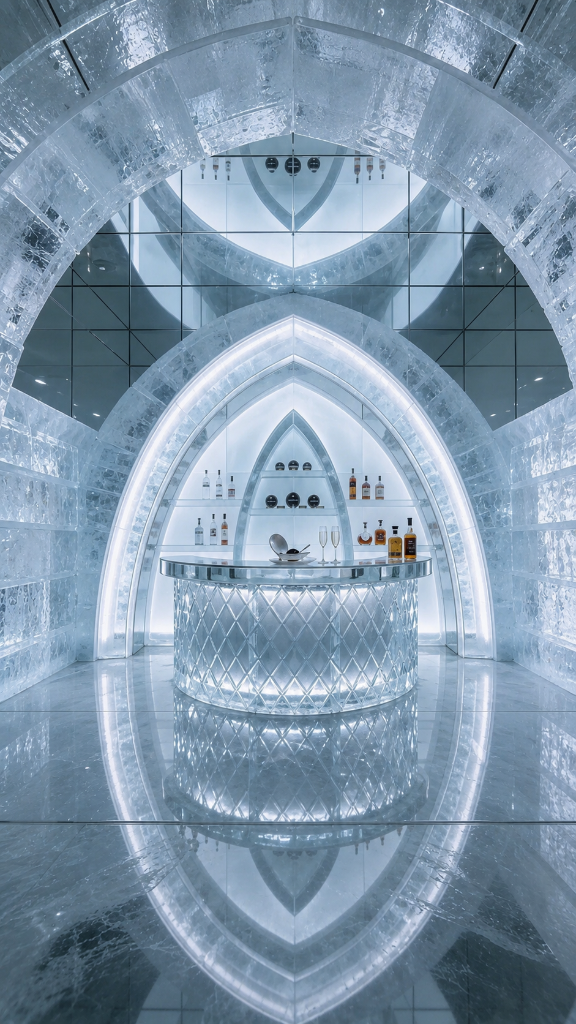 Elixir°0 Ice Caviar Bar — sculpted ice lounge interior at ICE BEACH by Major Elixir°0 Ice Caviar Bar — sculpted ice lounge interior at ICE BEACH by Major