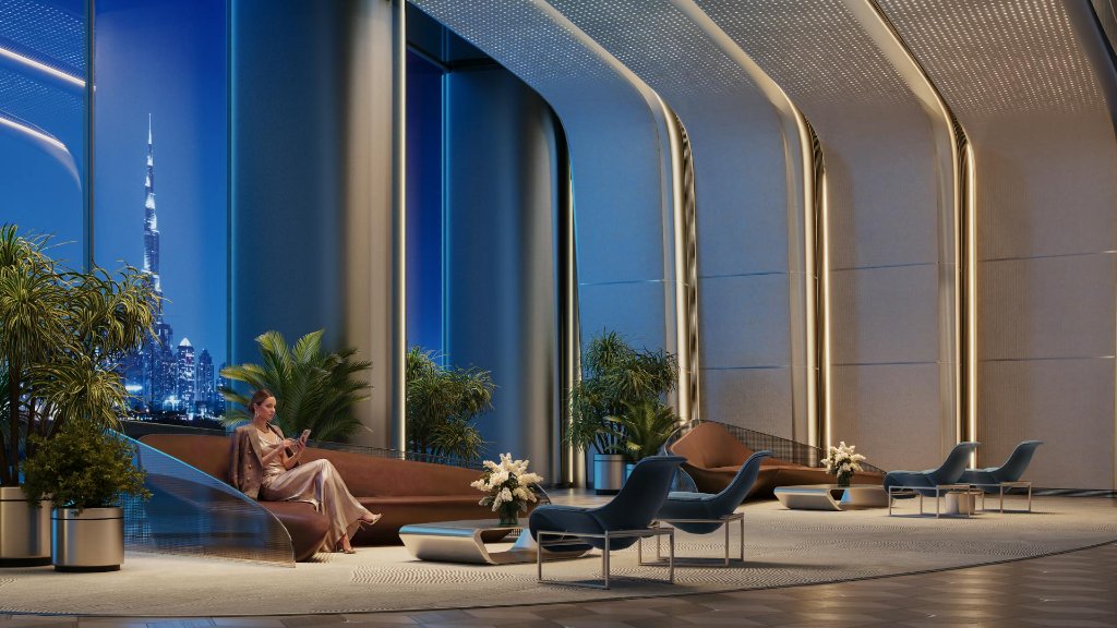 Evening lounge lobby with Downtown Dubai skyline, Mercedes-Benz Places