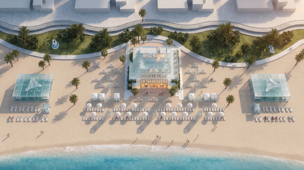 ICE BEACH by Major — aerial view of beachfront amenities, glass beach pavilions and private beach, Marjan Beach