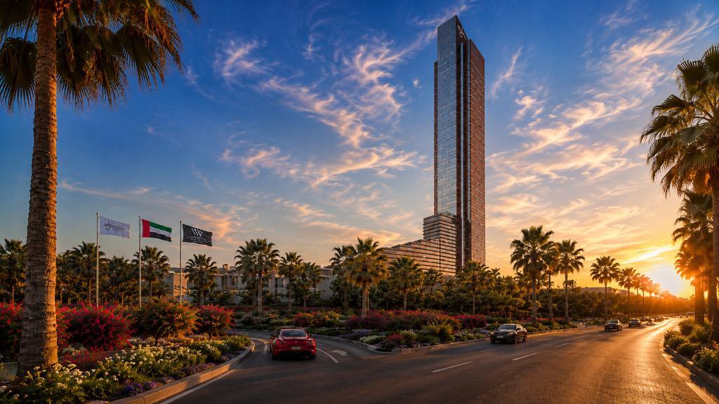 Wynn Casino Resort Al Marjan Island 2027 — tower at sunset, Ras Al Khaimah
