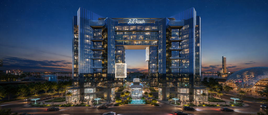 ICE BEACH by Major — illuminated glass façade with rooftop sky bridge at night, Al Marjan Island Ras Al Khaimah ICE BEACH by Major — illuminated glass façade with rooftop sky bridge at night, Al Marjan Island Ras Al Khaimah