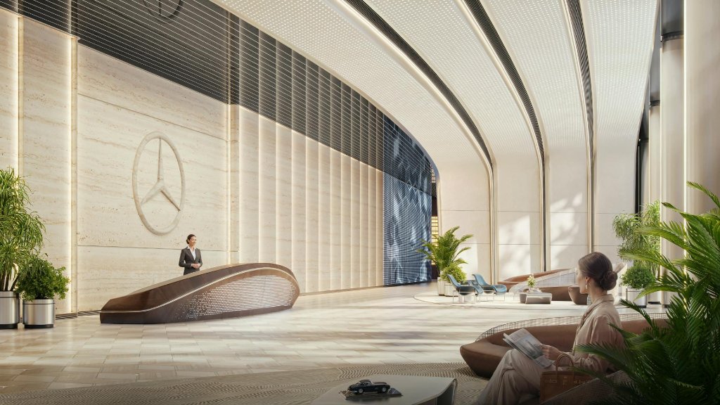 Mercedes-Benz Places lobby with travertine walls and star emblem, Binghatti City Dubai