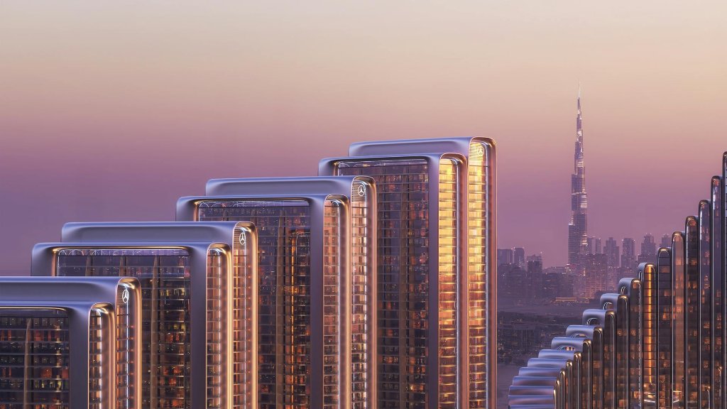 Mercedes-Benz Places towers at sunset with Burj Khalifa skyline, Dubai