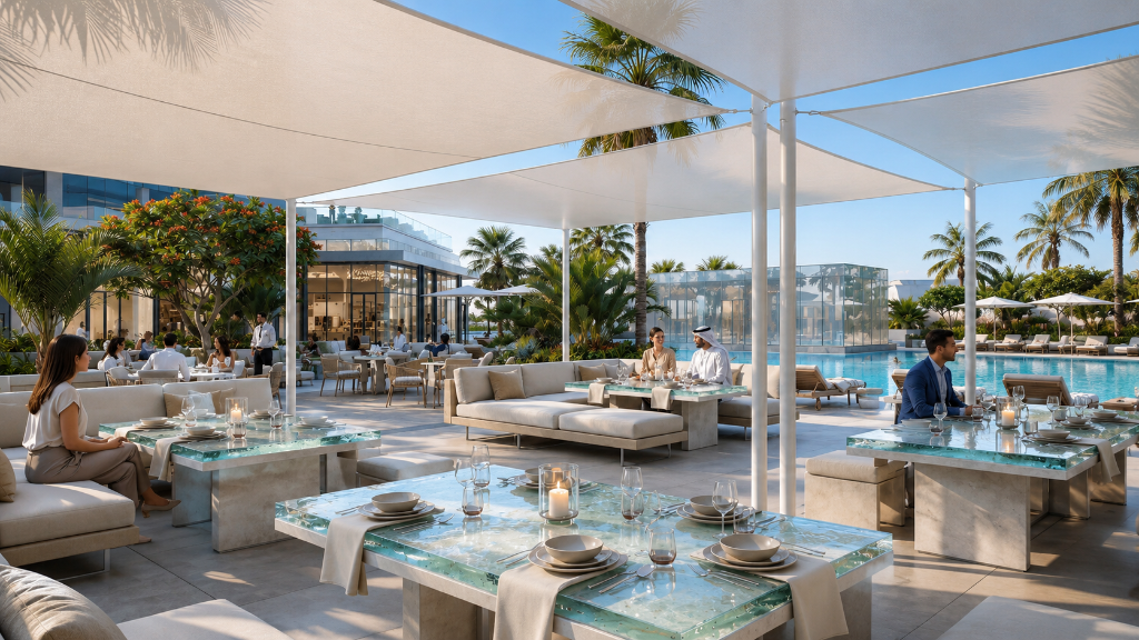 ICE BEACH outdoor restaurant terrace — poolside fine dining at Marjan Beach ICE BEACH outdoor restaurant terrace — poolside fine dining at Marjan Beach