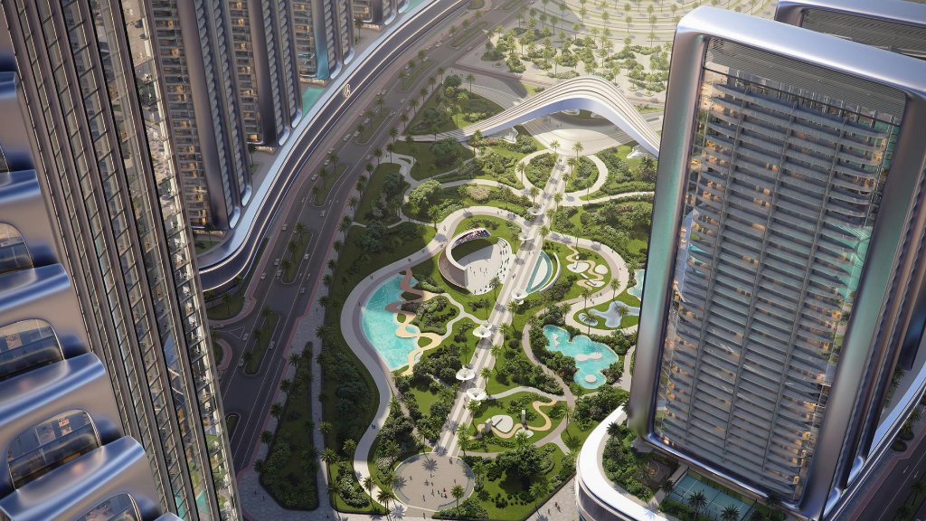 Mercedes-Benz Places Binghatti City illuminated towers at night, Nad Al Sheba Dubai