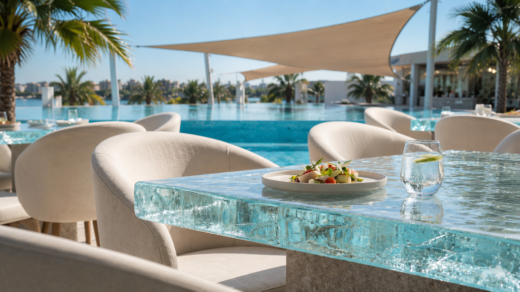 ICE BEACH dining — crystalline ice table set with infinity pool and sea views, Marjan Beach ICE BEACH dining — crystalline ice table set with infinity pool and sea views, Marjan Beach