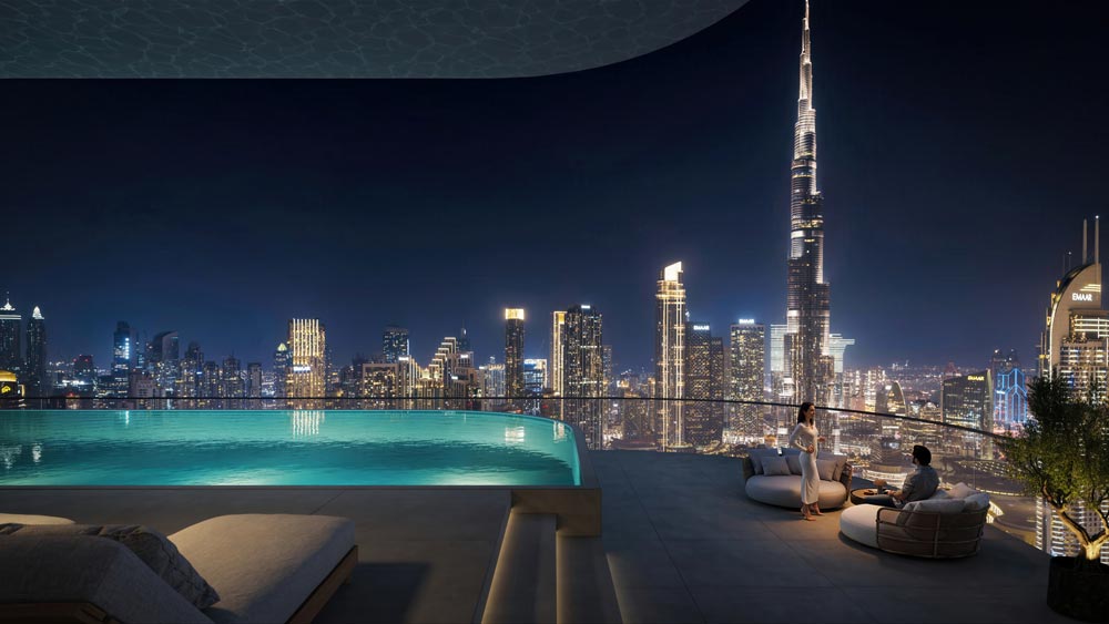 Inaura rooftop pool with panoramic Dubai skyline views