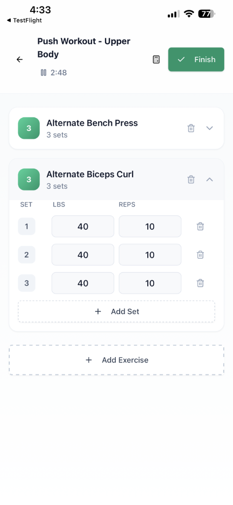 Active workout tracking screen with exercises, sets, weight and reps