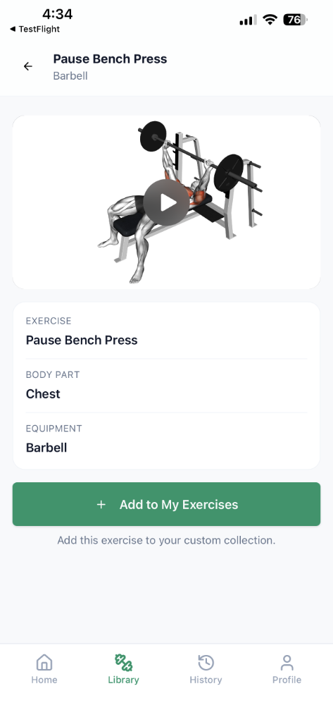 Exercise detail page with animation and add button