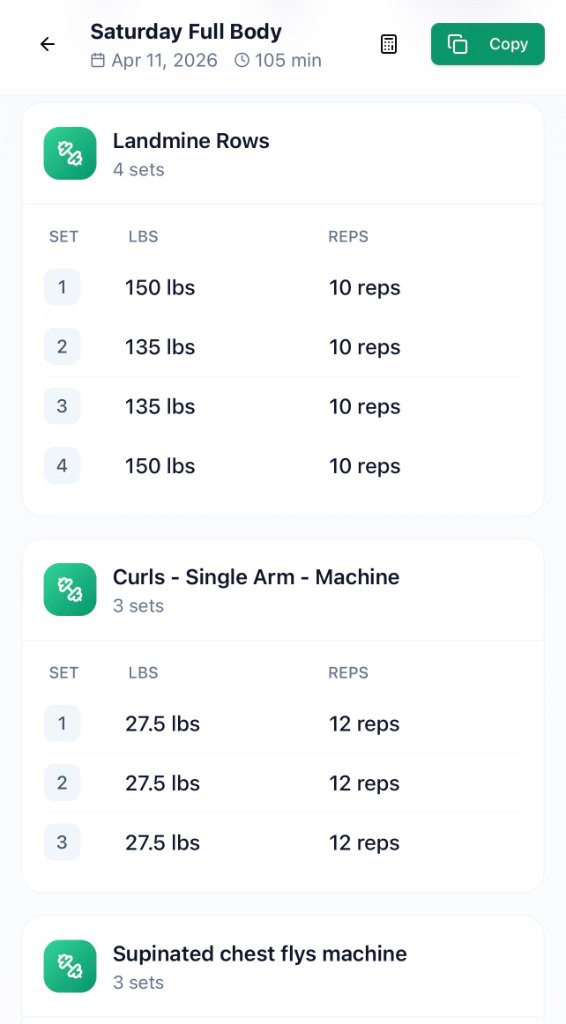 Completed workout summary with exercises and sets