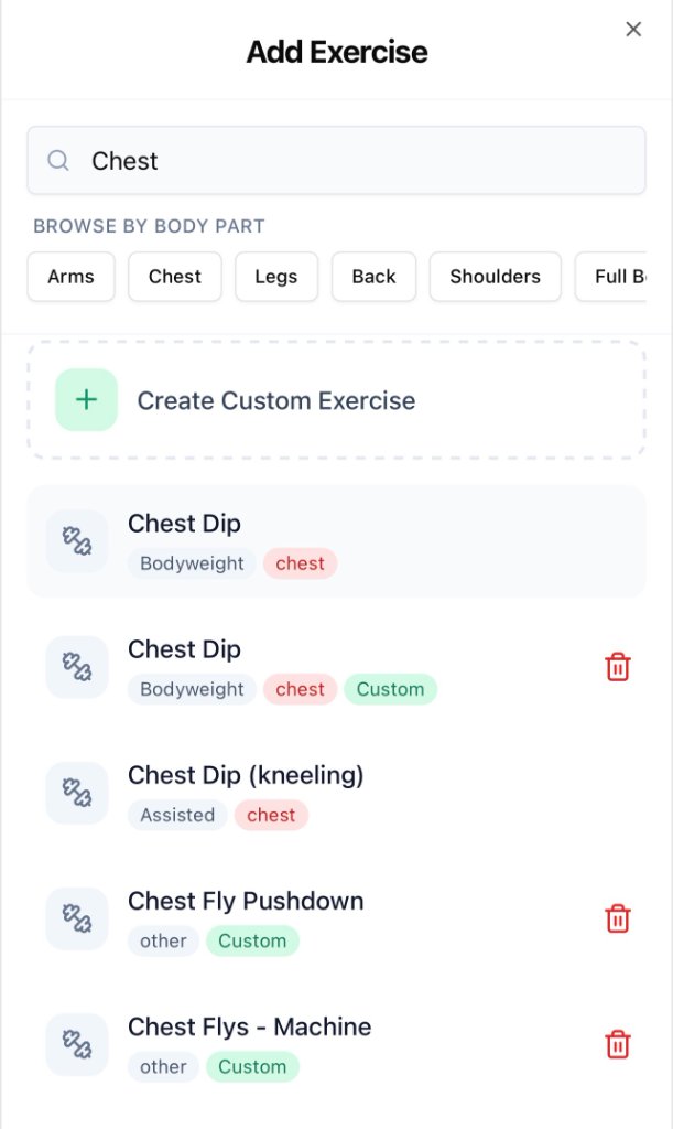 Add exercise screen with search and body part shortcuts