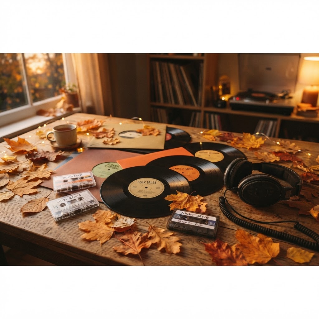Autumn-toned collage of vinyl records and cassettes with falling leaves for fall 2026 album releases