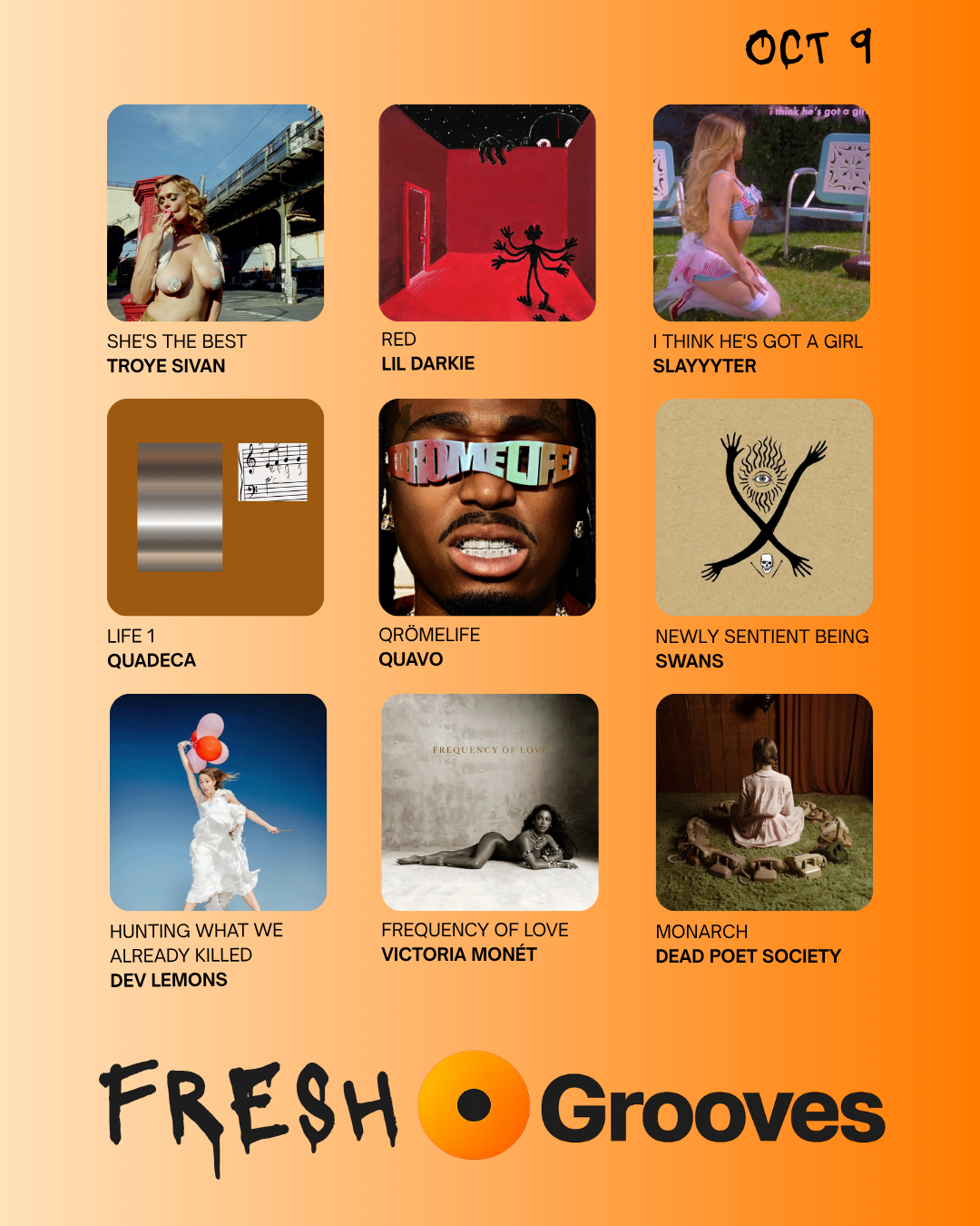 Collage of nine album covers featured in Fresh Grooves for October 9