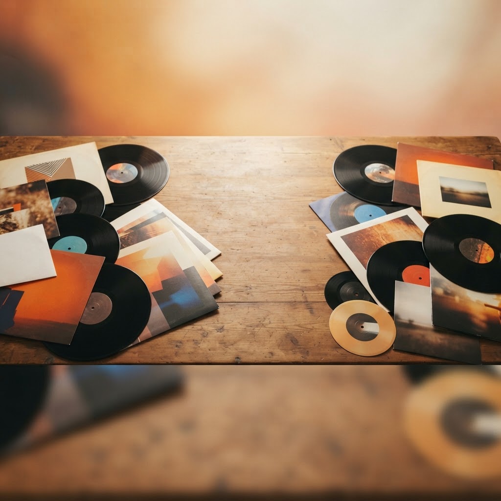 Collage of vinyl records in warm amber tones illustrating the best albums of 2026 so far