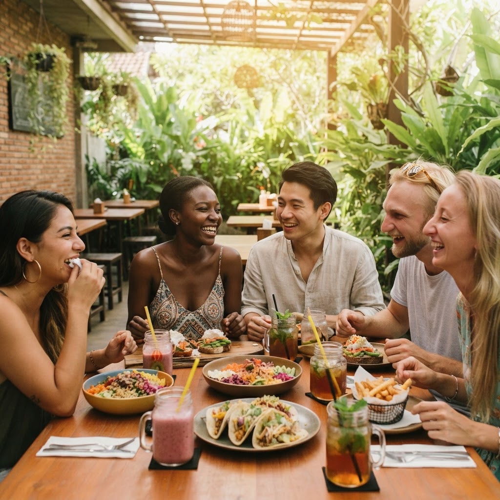 A multicultural group of friends sharing lunch on a sunny restaurant patio