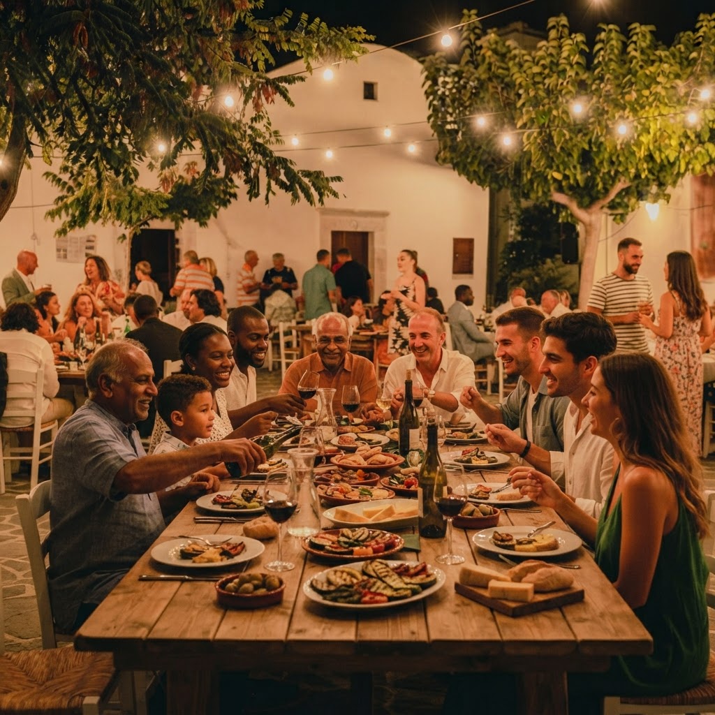 A multicultural outdoor dinner gathering beneath warm string lights
