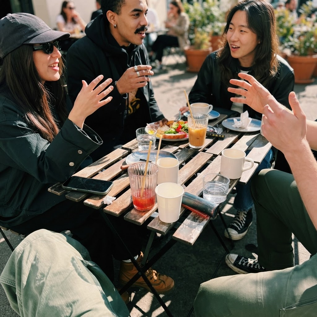 A multicultural group of friends enjoying food and conversation at an outdoor café table