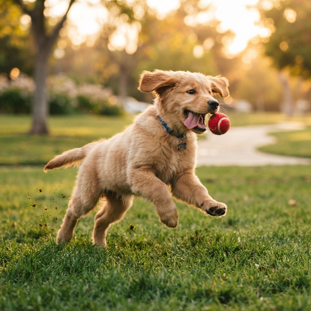 A cute dog happily playing in a sunny neighborhood park