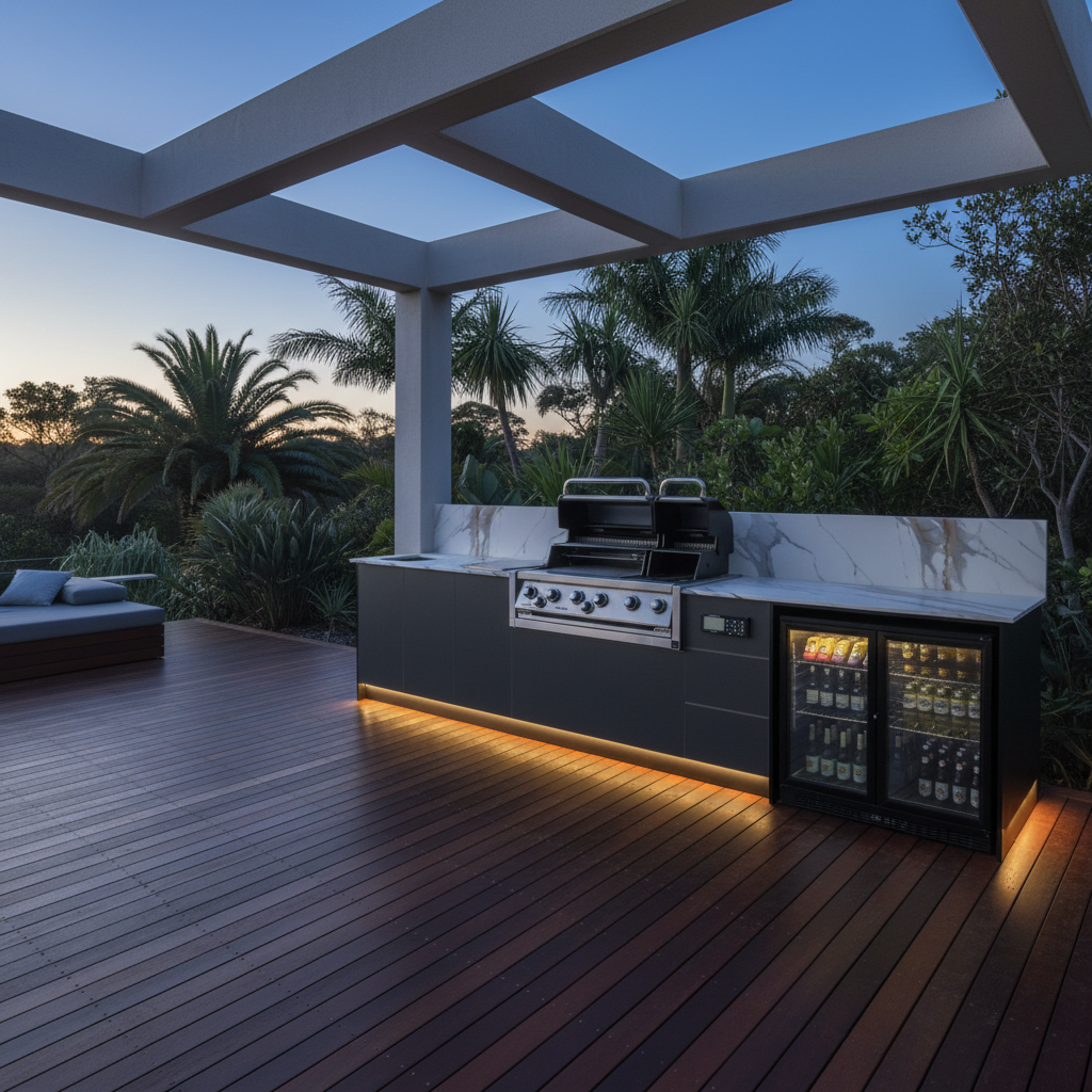 Custom MJ Leckie Carpentry outdoor kitchen — charcoal Alloy Frame doors, white Smartstone benchtop, integrated BBQ on a hardwood deck