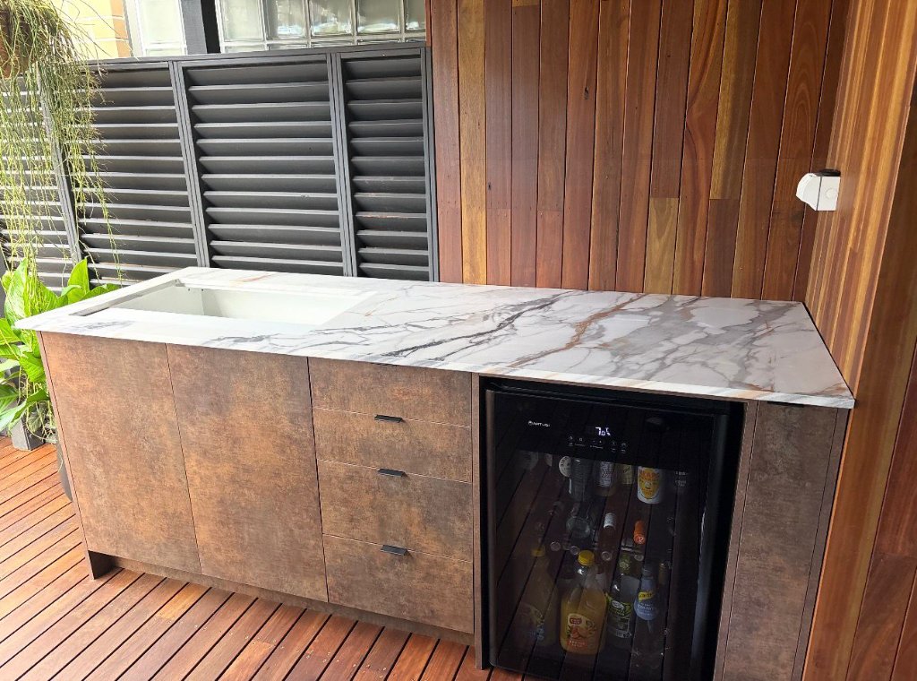 Custom outdoor kitchen by MJ Leckie Carpentry — Mosman Bold Design