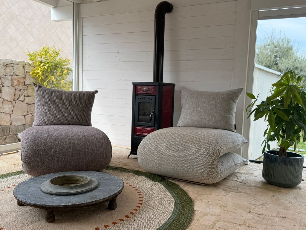 View from kitchen toward pool and olive trees