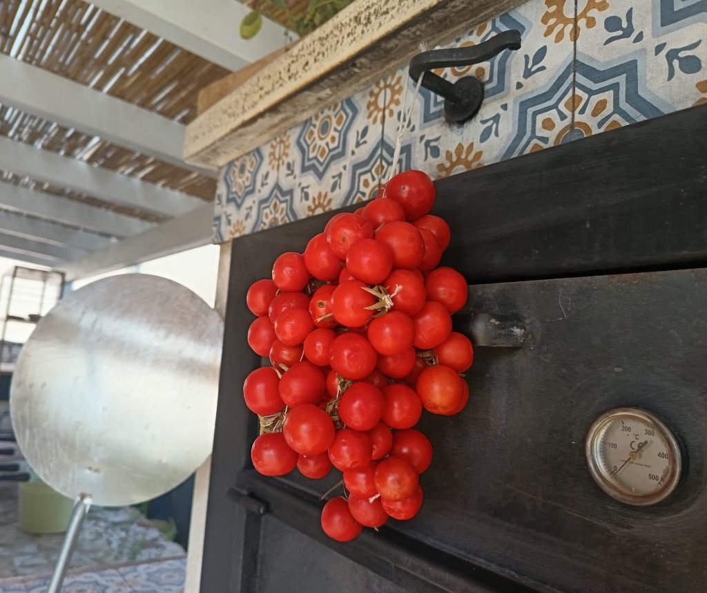 Cherry tomatoes on wood-fired oven door
