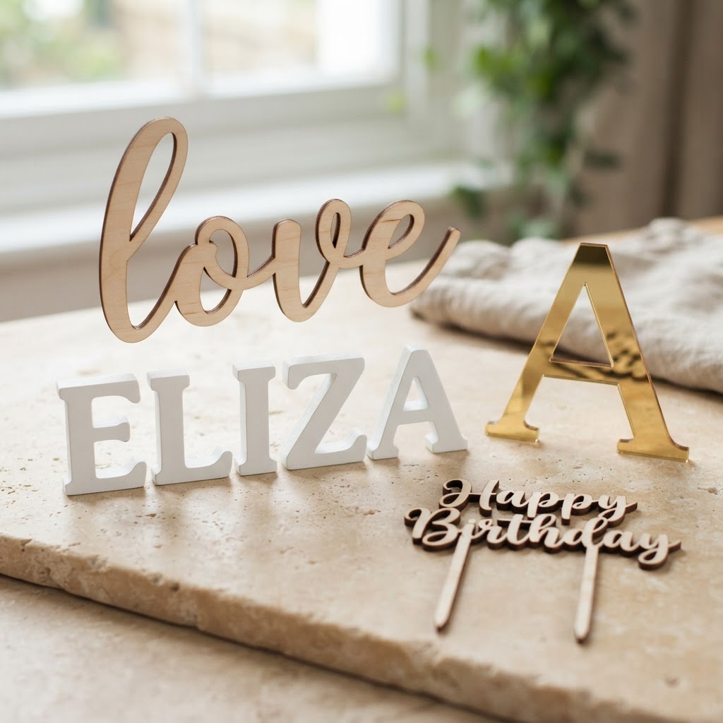 CNC cut wooden and acrylic letters, names and cake toppers
