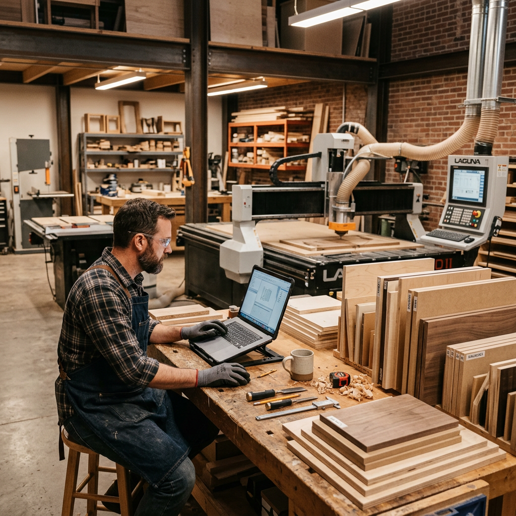 Professional craftsman using CNC CAD software in workshop with cut panels