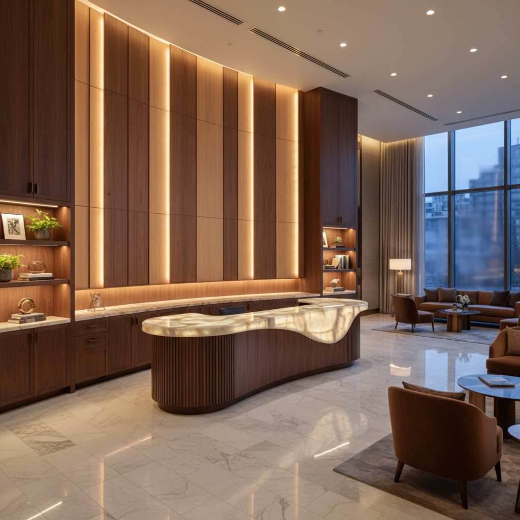 Luxury hospitality millwork interior featuring custom wooden reception desk, elegant wall paneling, and architectural wood details for hotels and restaurants